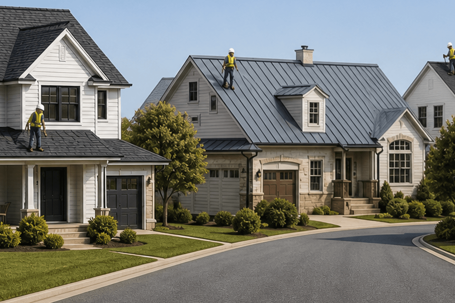 Residential | Warm Home Inc Warm Home Inc roofers working on suburban house roofs along a neighborhood street