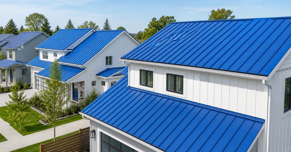 Compare Roofing Systems Near Me | Warm Home Inc Compare roofing systems: modern homes with blue standing-seam metal roofs by Warm Home Inc