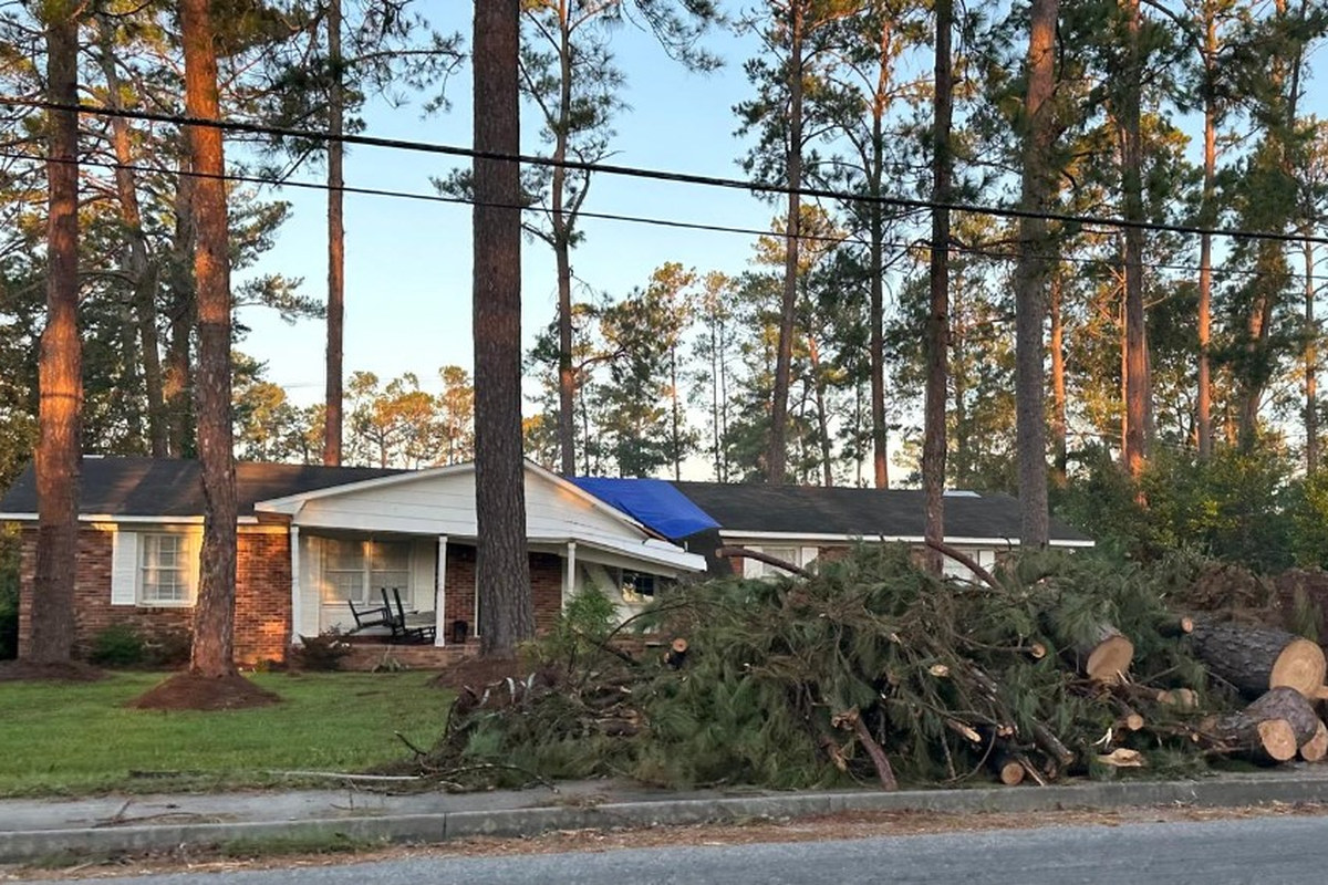 Storm Tree Debris & Porch Collapse Cleanup | Warm Home Inc Emergency tree removal after storm — cut pine debris pile in front of a ranch house with collapsed porch roof and blue tarp on the main roof | Warm Home Inc