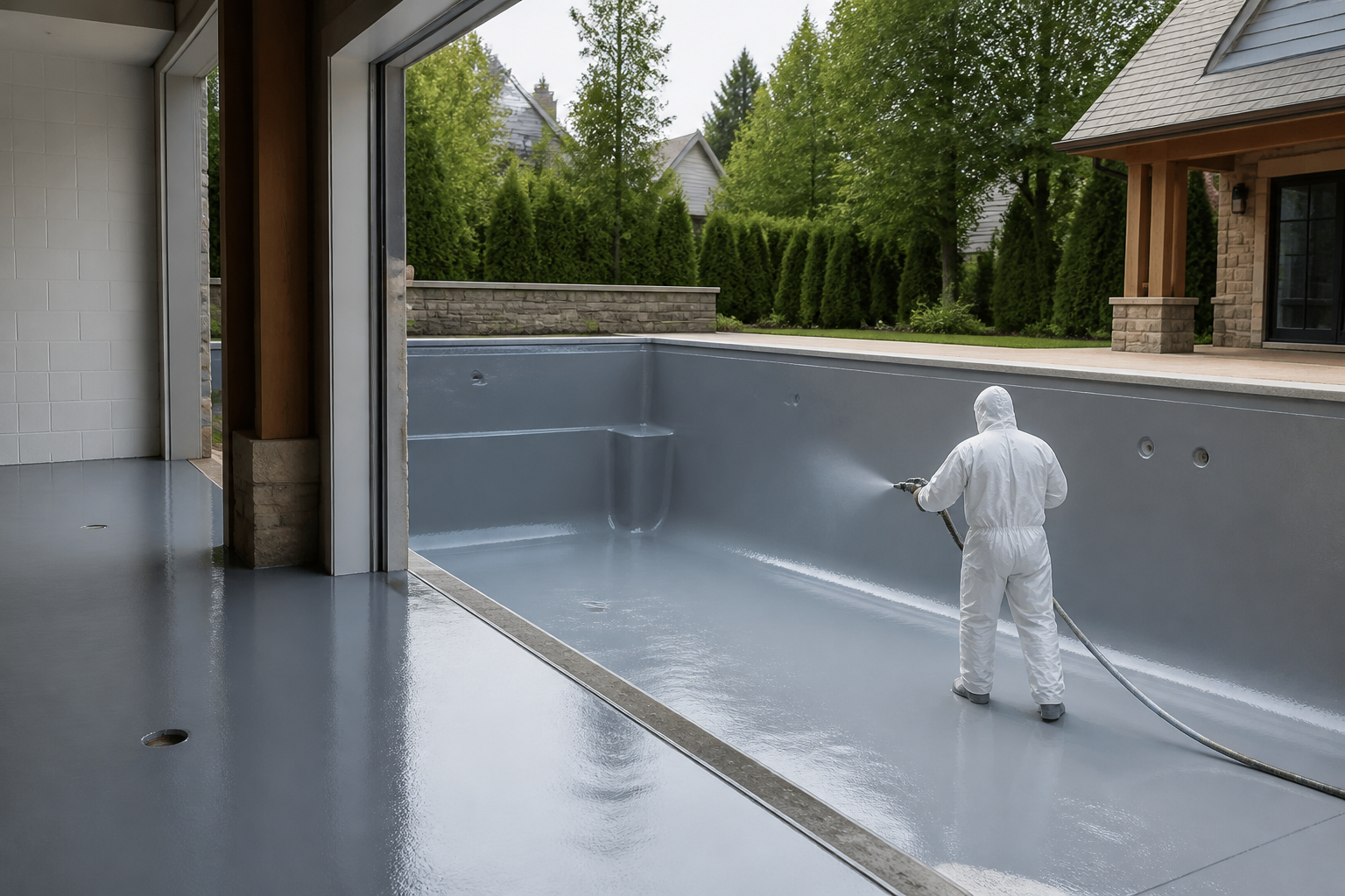 Waterproofing Near Me | Warm Home Inc Liquid waterproofing membrane being applied in a pool shell, with coated garage or basement concrete nearby